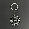 Detail of creative acrylic poker chip keychain with silver metal ring and 50 digits - Black White Chip 50 Keychain (PY007-50)