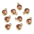 Set of eight round pink rhinestone charms with gold plated stainless steel metal settings - Gold Base Light Purple