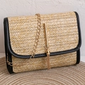 Sac carré en paille pour femme avec bordure en cuir noir et bandoulière chaîne dorée - Noir (Style à Glands)