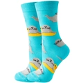 Detailed close-up of blue cotton crew socks featuring cute cartoon seal patterns - Blue Dolphin