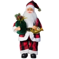 Staande Kerstman pop in rood geruit kostuum met gouden hoorn en groene zak met geschenken - Rood Geblokte Kerstman