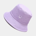 Close-up of lavender bucket hat featuring white embroidered smiley face on cotton canvas - M (56-58cm) / Light Purple