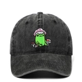 Berretto da baseball in cotone nero lavato con rana ricamata e cappello a fungo - Nero