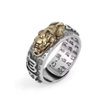 Anello Pixiu vintage con bestia dorata, fascia in monete d'argento e Sutra del Cuore - Stile Pi Xiu Bicolore / Senza Confezione Regalo / Bicolore Oro e Argento