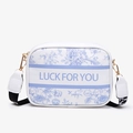 Blue and white floral print crossbody bag with LUCK FOR YOU text and wide strap - Blue
