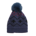 Detail of knit winter hat featuring dark blue tree pattern and fluffy pom-pom decoration - 50-52CM / Christmas Tree / Navy Blue