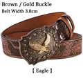 Detail of 3.8cm brown leather belt with golden eagle buckle and embossed floral patterns - Brown Gold Buckle (Eagle)