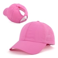 Detail view of pink ponytail baseball cap with laser-cut breathability and velcro strap - Adjustable / Light Rose Red