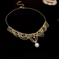 Vintage golden lace mesh necklace with elegant white pearl pendant for women - Gold Court Style Lace Pearl Necklace