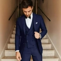 Navy blue slim fit three-piece tuxedo suit with double-breasted vest and black bowtie - XXS / Navy Blue