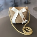 Straw crossbody bag for girls with large white bow and fringe details - Khaki (Bag)
