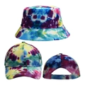 Detail of tie-dye baseball cap with adjustable strap and matching sun bucket hat - Blue Yellow Green Pink Tie-Dye Set (Style 4) / Baseball Cap + Bucket Hat
