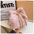 Pink denim drawstring bucket bag with gold chain strap and pearl charm details - One Size / Pink