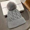 Grey chunky knit beanie with faux fur pom pom for women, warm winter thermal hat - One Size / Gray