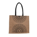 Ethnic jute tote bag featuring black mandala patterns and durable rope handles - Pattern 5 Double Semicircle