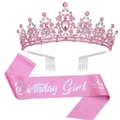 Pink Birthday Girl glitter sash and crystal rhinestone crown tiara set for party - Pink Italic (Girl)
