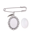 DIY silver metal wing brooch pin set with oval bezel tray and translucent cabochon - Single Tray Pin with Feather