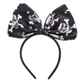 Detail of Halloween black satin headband featuring a silver skull and crossbones bow - 42# Skull Bow