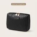 Midnight black woven PU leather cosmetic bag with gold double zippers and handle - Handbag Small / Black