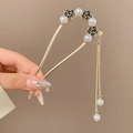 Elegant gold U-shaped hair pin featuring black roses, pearls and double chain tassels - Aa0121 Camellia Hair Stick - Black