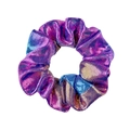 Detailed view of the gradient laser gold stamping fabric texture on the purple hair scrunchie - Metallic Holographic / Purple To Blue Gradient