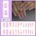 Long coffin press-on nails with colorful pastel swirls and floral patterns, set of 24 pieces - Pastel Swirl and Flower Design Style (SGCY-131)