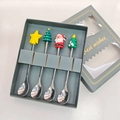 4-piece stainless steel Christmas spoon set with yellow star and Santa in grey gift box - Silver Machine Polished - 4 Spoons Green Box