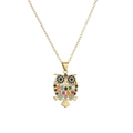 Gold-plated owl pendant necklace with vibrant multi-color zircon stones on white background - Colorful Zircon Owl