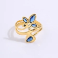 Golden titanium steel double-layer ring with blue butterfly and heart pendant detail - Five-Petal Flower Blue Stone Style (JZ25-5)