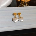 Elegant gold and creamy white heart dangle earrings with satin brushed texture - 18k Gold Plated Double Heart Stud Earrings With S925 Silver Pin