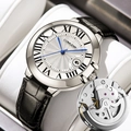 Mens mechanical watch with silver steel case, white Roman dial, and black leather strap - Black Leather White Dial