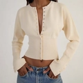 Cárdigan de punto blanco crema ajustado con cintura acanalada y botones para mujer - Albaricoque Beige