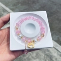 Pink crackle beads and white pearl bracelet featuring a golden Hello Kitty charm - S050 - Golden Cat Pink Burst Pattern Bracelet #sz373