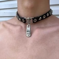 Black leather choker with silver star studs and a tiger head zipper pendant - Leopard Head Zipper Necklace