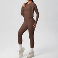 Three-piece chocolate brown brushed yoga set with jacket, tank top and leggings - S / Chestnut Brown