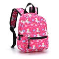 Pink cartoon unicorn backpack for kids featuring rainbow patterns and front zipper pocket - Pink Unicorn Rainbow