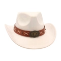 Weißer Western Cowboyhut mit braunem Lederband und einer bronzenen Stierkopf-Schnalle - Einheitsgröße / Beige