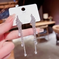 Detail view of long tassel earrings with sparkling crystals and S925 silver needles - Silver Full Pave Crystal Teardrop Tassel Earrings (E0010)