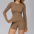 Coffee brown high-elastic long sleeve yoga top and high-waist shorts fitness set - Mocha Brown