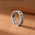 Retro Sanskrit mantra silver ring with wavy edges and vintage textured open band - Adjustable Open / Ancient Silver/Sanskrit