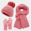 Conjunto de invierno de punto rosa y blanco con gorro de pompón, bufanda y guantes táctiles - Rojo