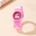 Pink kids quartz watch with 3D unicorn rainbow strap and clear analog dial for students - Rose Red