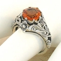 Vintage Silberring mit Blumengravur und ovalem bernsteinfarbenem Edelstein-Detail - US 7
