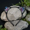 Close-up of black cat ear headband with hand-wrapped blue-purple and clear crystals - Blue & Pink Cat Ears