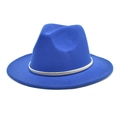 Close-up of royal blue wool fedora hat with a sleek silver metallic decorative band - Sapphire Blue
