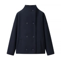Short double-breasted navy wool coat featuring a modern minimalist lapel and clean texture - S / Dark Blue