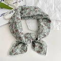 Sage green floral cotton linen neck scarf with vintage red flower pattern for women - Cyan Flower Cluster