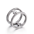 Polished silver titanium steel double-layer ring with sparkling pave crystals - Silver Double Layer Figure Hollow (KR44198-K)