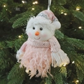 Pink and white plush snowman ornament with knitted hat and scarf on a Christmas tree - Pink Snowman