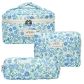 Set of 3 quilted cotton floral cosmetic bags with blue and green flower patterns - Dark Blue Circles